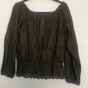 NWT Olive Green Blouse with Eyelet Embroidery